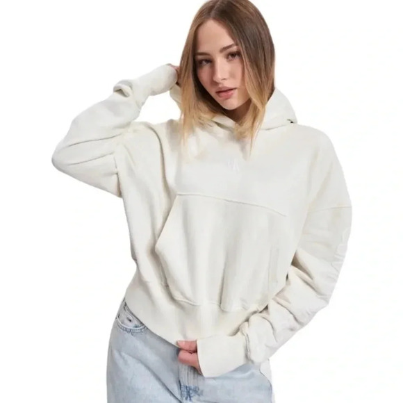 CALVIN KLEIN JEANS | Ivory Two Tone Monogram Back Logo Sweatshirt Hoodie Size L - Picture 2 of 12